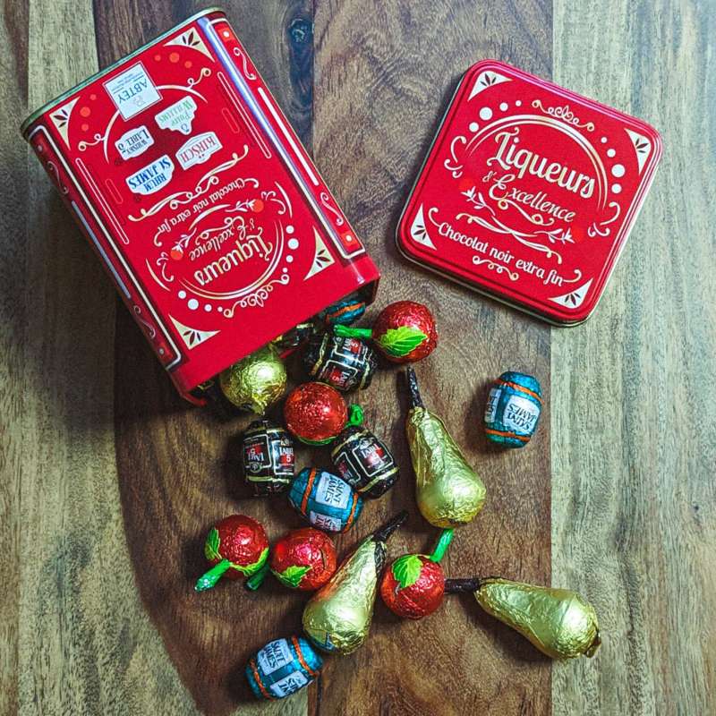 Chocolaterie Abtey - Boîte en métal “Vintage” rouge liqueurs (au