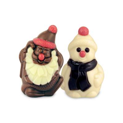 Duo Petit Père Noël et Bonhomme de Neige au chocolat au lait décoré